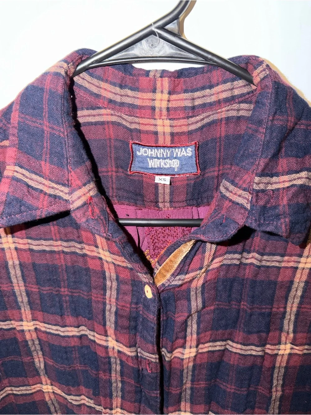 Embroidered Velvet-Back Plaid Women's Shirt Jacket - Burgundy Size:XS - Picture 4 of 5